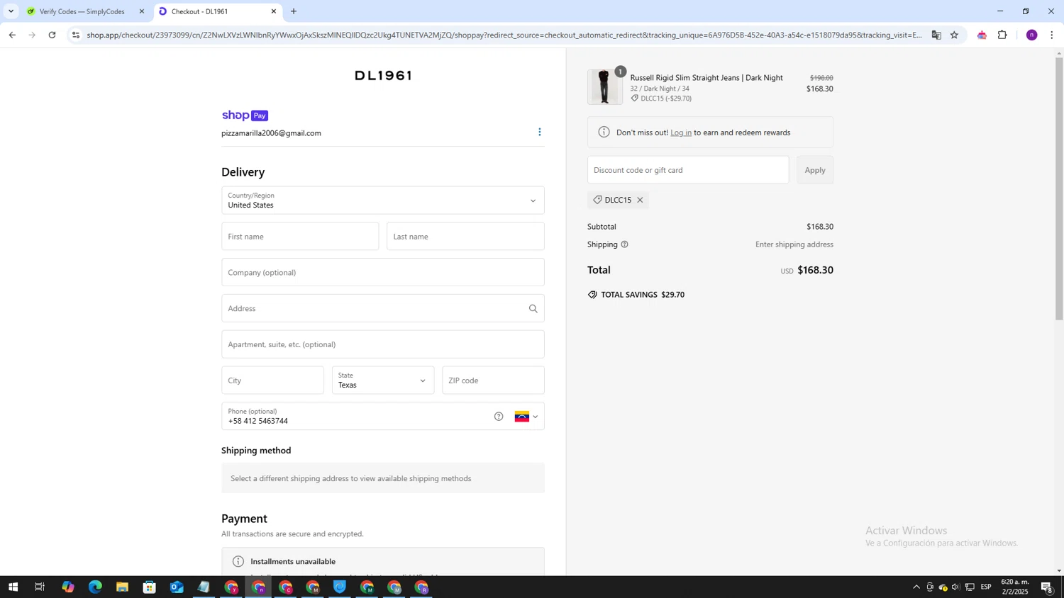 DL1961 coupon code screenshot showing code DLCC15 applied at DL1961 checkout page. Uploaded by SimplyCodes community member AVAMUSTANG on Feb 2, 2025