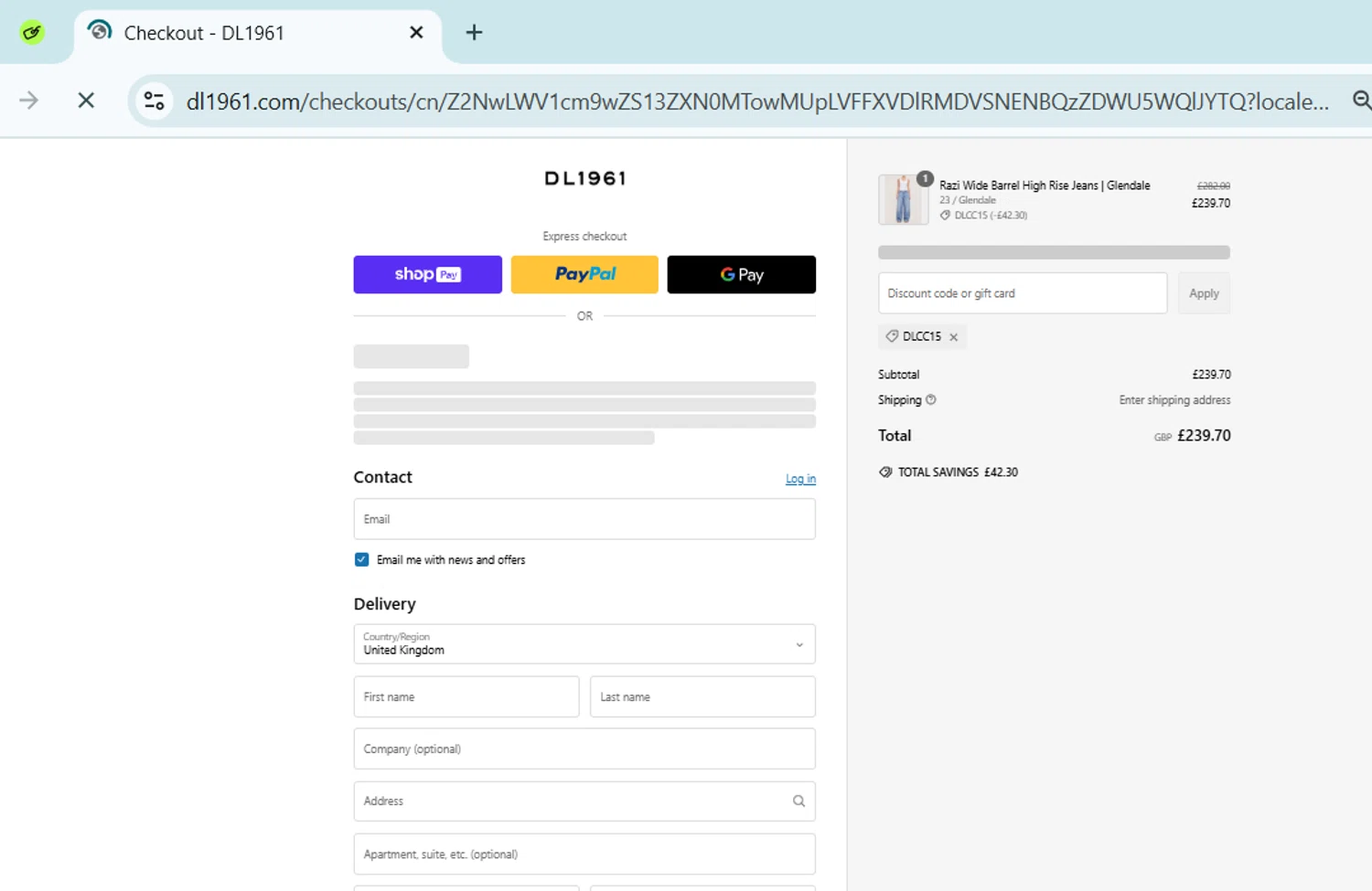 DL1961 coupon code screenshot showing code DLCC15 applied at DL1961 checkout page. Uploaded by SimplyCodes community member SavingsPhoenix2740 on Feb 11, 2025