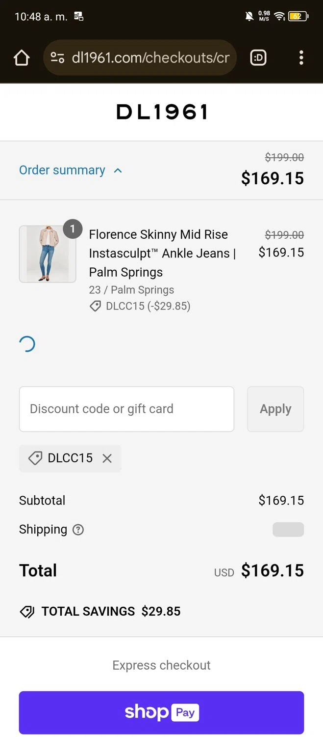 DL1961 coupon code screenshot showing code DLCC15 applied at DL1961 checkout page. Uploaded by SimplyCodes community member ThriftySpotter4962 on Feb 11, 2025