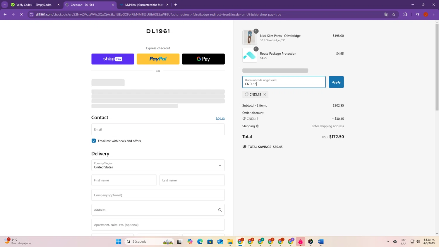 DL1961 coupon code screenshot showing code CNDL15 applied at DL1961 checkout page. Uploaded by SimplyCodes community member SalvadorC on Mar 4, 2025