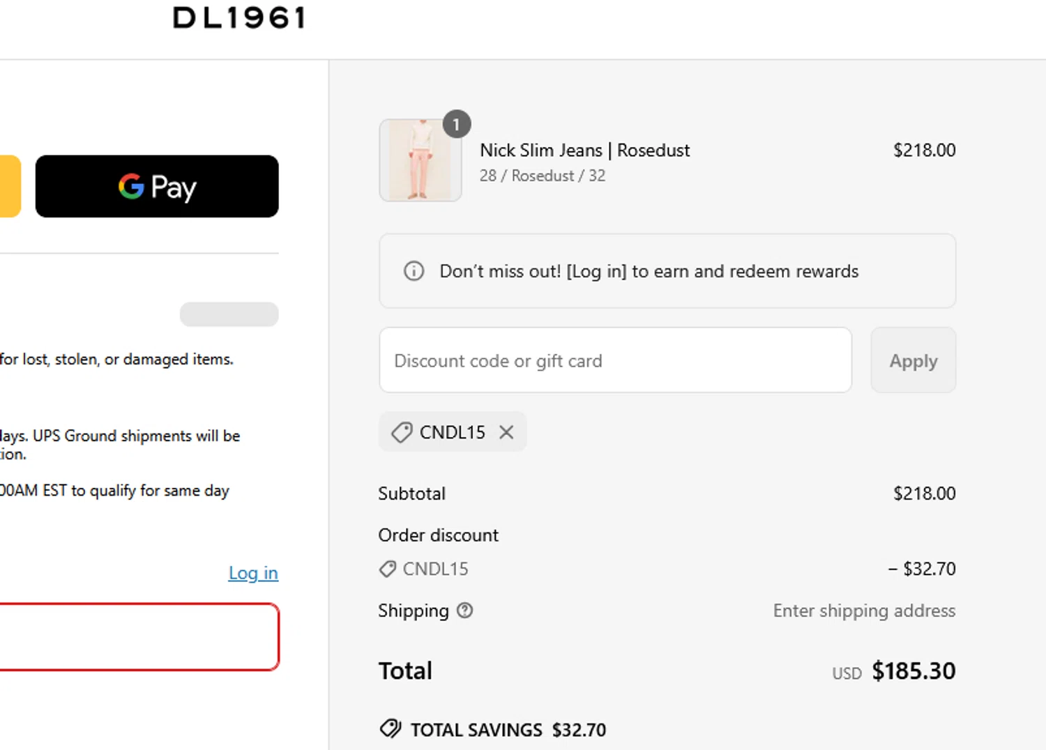 DL1961 coupon code screenshot showing code CNDL15 applied at DL1961 checkout page. Uploaded by SimplyCodes community member CRYSTALSUICINE on May 23, 2025
