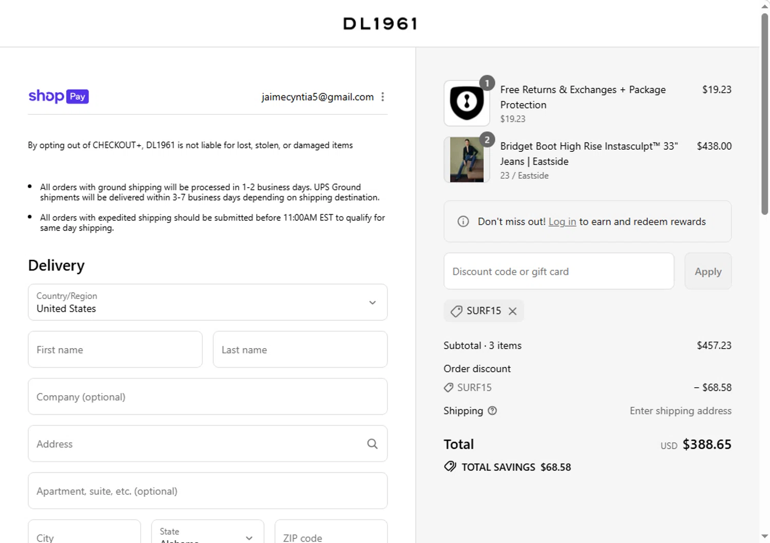 DL1961 coupon code screenshot showing code SURF15 applied at DL1961 checkout page. Uploaded by SimplyCodes community member sofia_8 on Aug 25, 2025