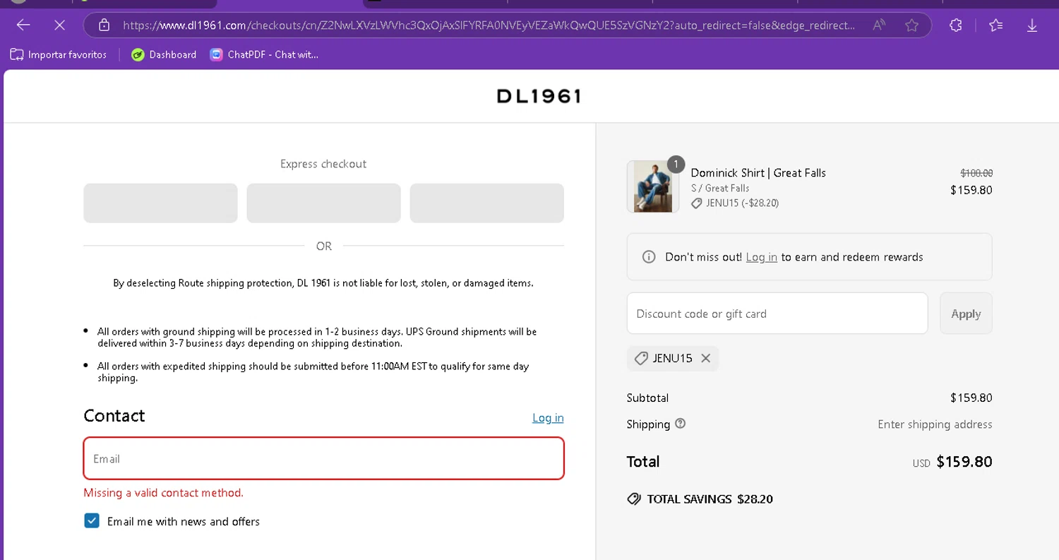 DL1961 coupon code screenshot showing code JENU15 applied at DL1961 checkout page. Uploaded by SimplyCodes community member FredoGodofredo on Apr 3, 2025