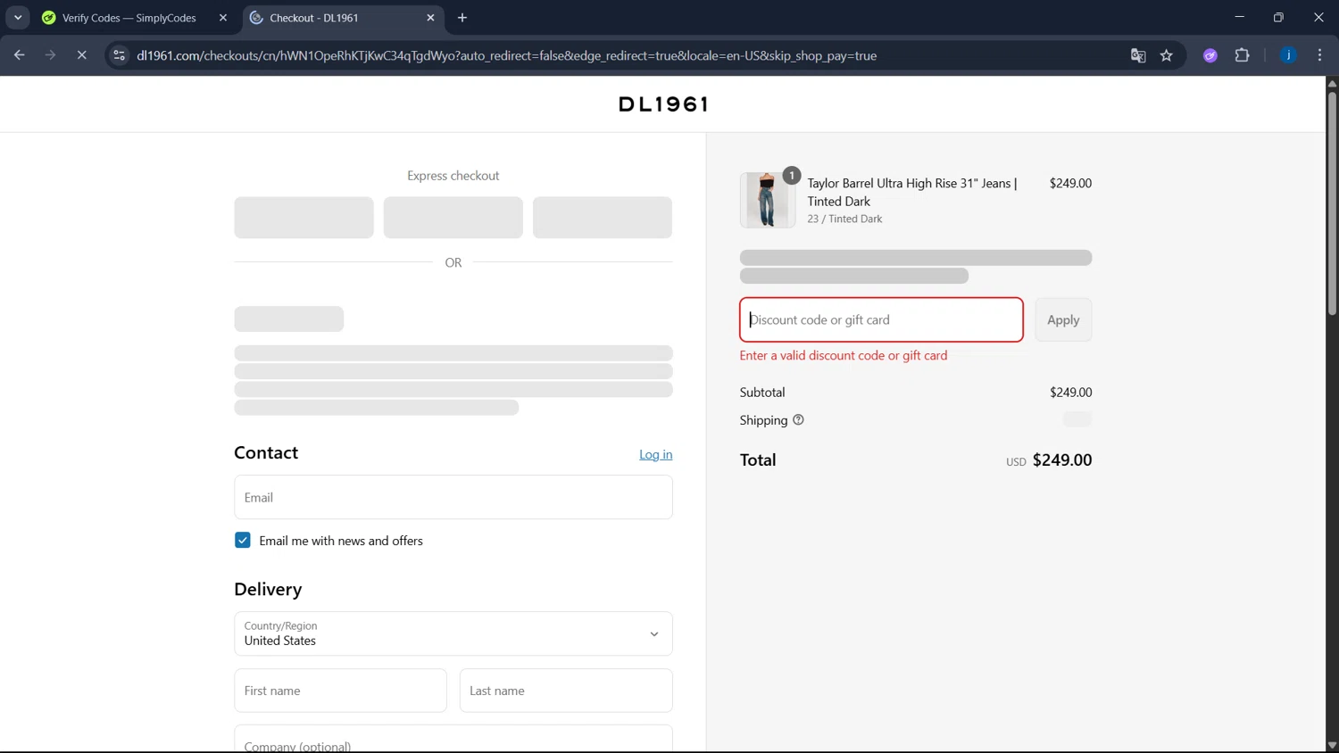 DL1961 coupon code screenshot showing code HRY2R690MF0B applied at DL1961 checkout page. Uploaded by SimplyCodes community member CodeSaver4373 on Aug 4, 2025