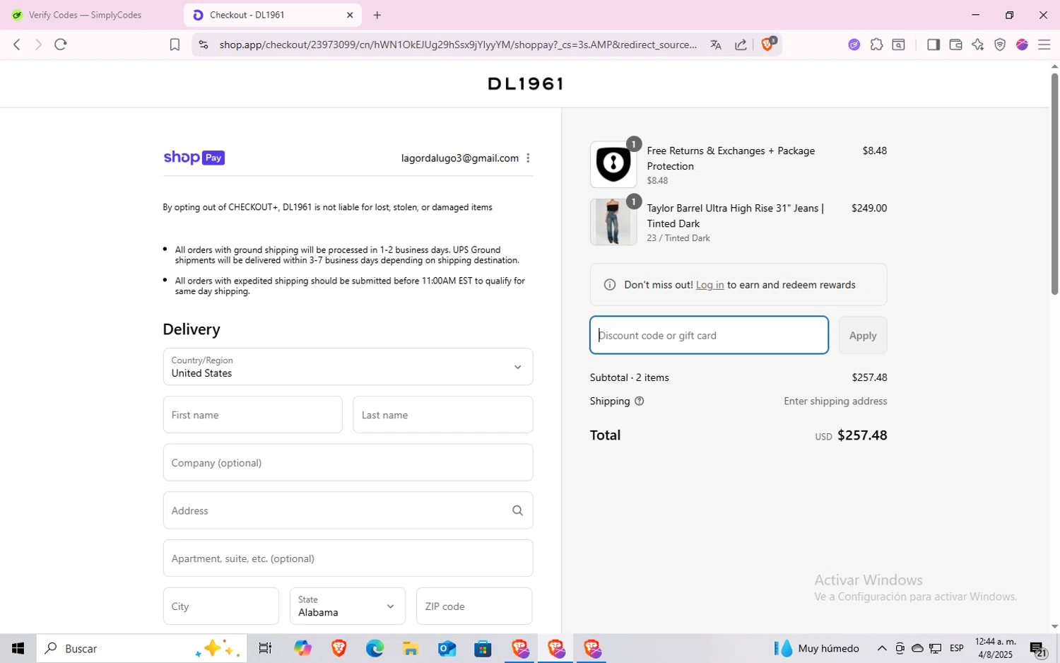 DL1961 coupon code screenshot showing code HRY2R690MF0B applied at DL1961 checkout page. Uploaded by SimplyCodes community member GoldMonarch7280 on Aug 4, 2025