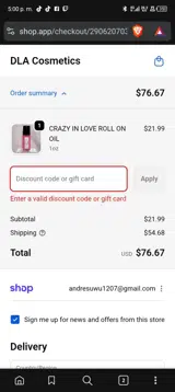 DLA Cosmetics coupon verification screenshot