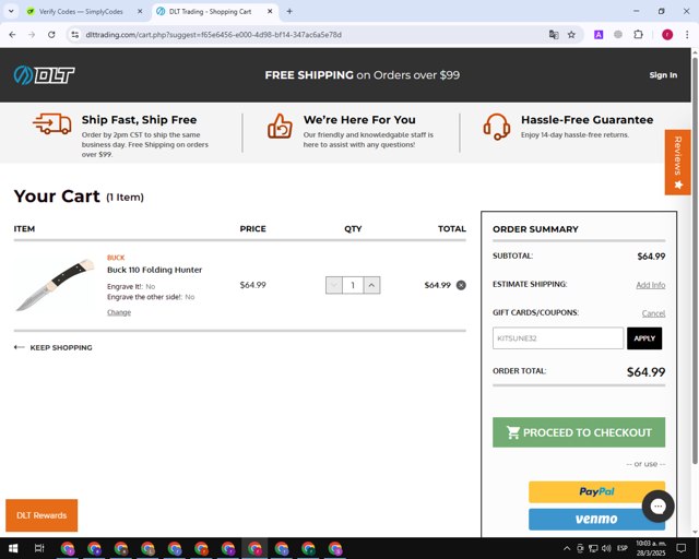 DLT Trading checkout page showing DLT Trading promo code box | Screenshot taken by SimplyCodes community member on Mar 28, 2025