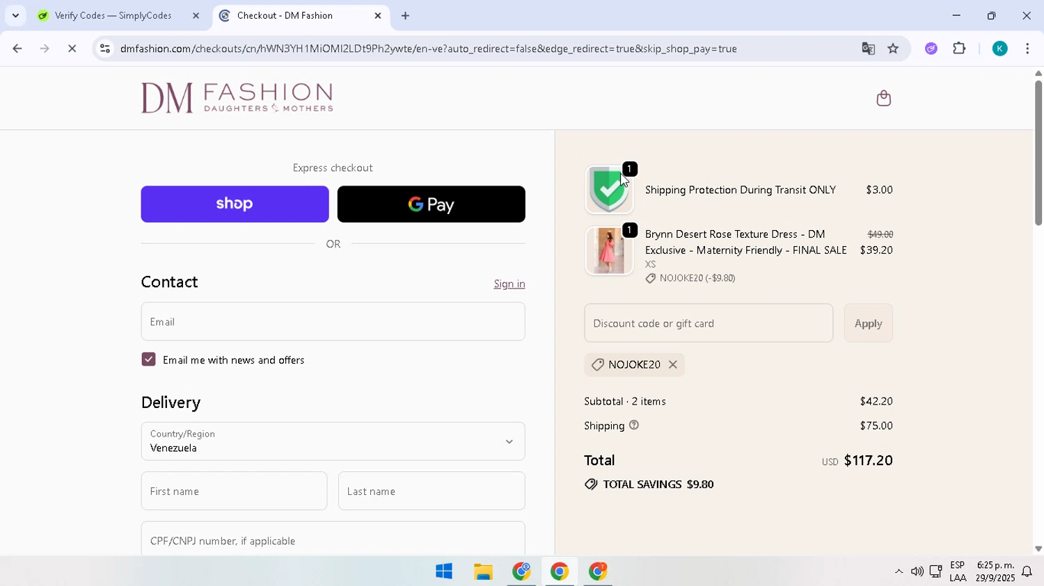 DM Fashion promo code screenshot showing code NOJOKE20 applied at DM Fashion checkout page. Uploaded by SimplyCodes community member CodeHunter9012 on Sep 29, 2025