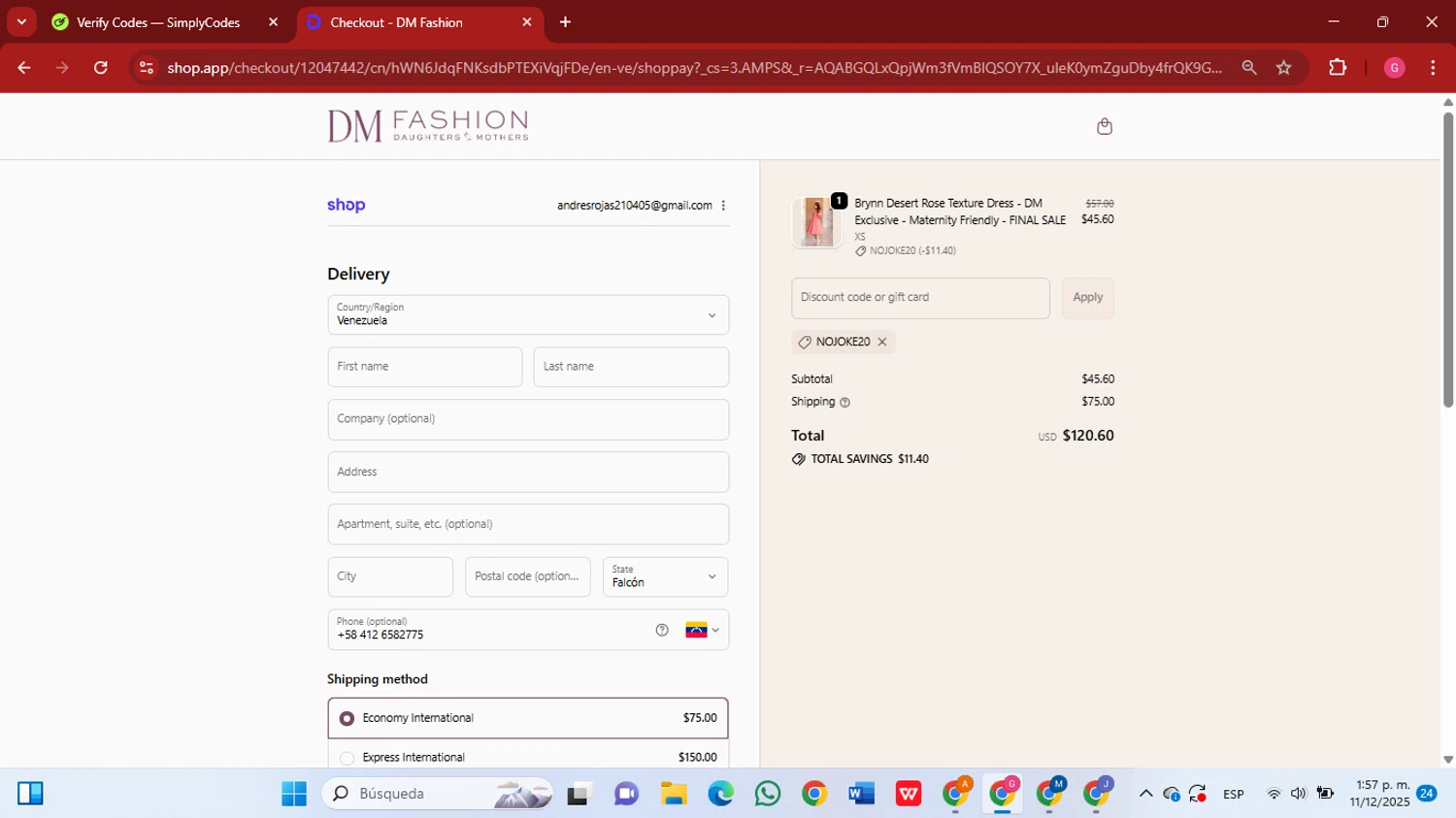 DM Fashion promo code screenshot showing code NOJOKE20 applied at DM Fashion checkout page. Uploaded by SimplyCodes community member GGGilbert on Dec 11, 2025