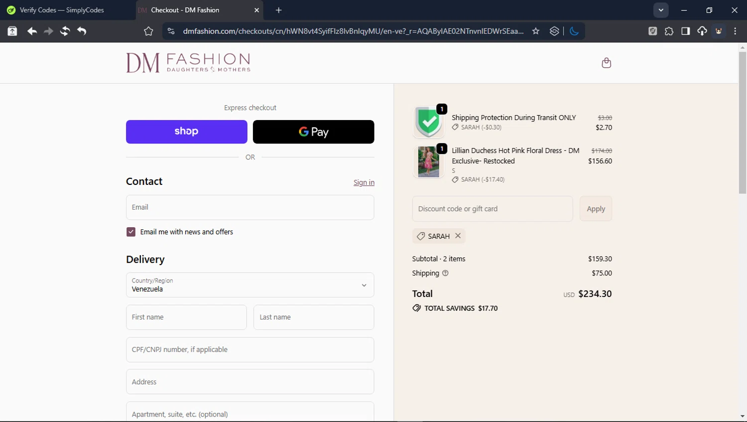 DM Fashion checkout page showing DM Fashion promo code box | Screenshot taken by SimplyCodes community member on Feb 18, 2026