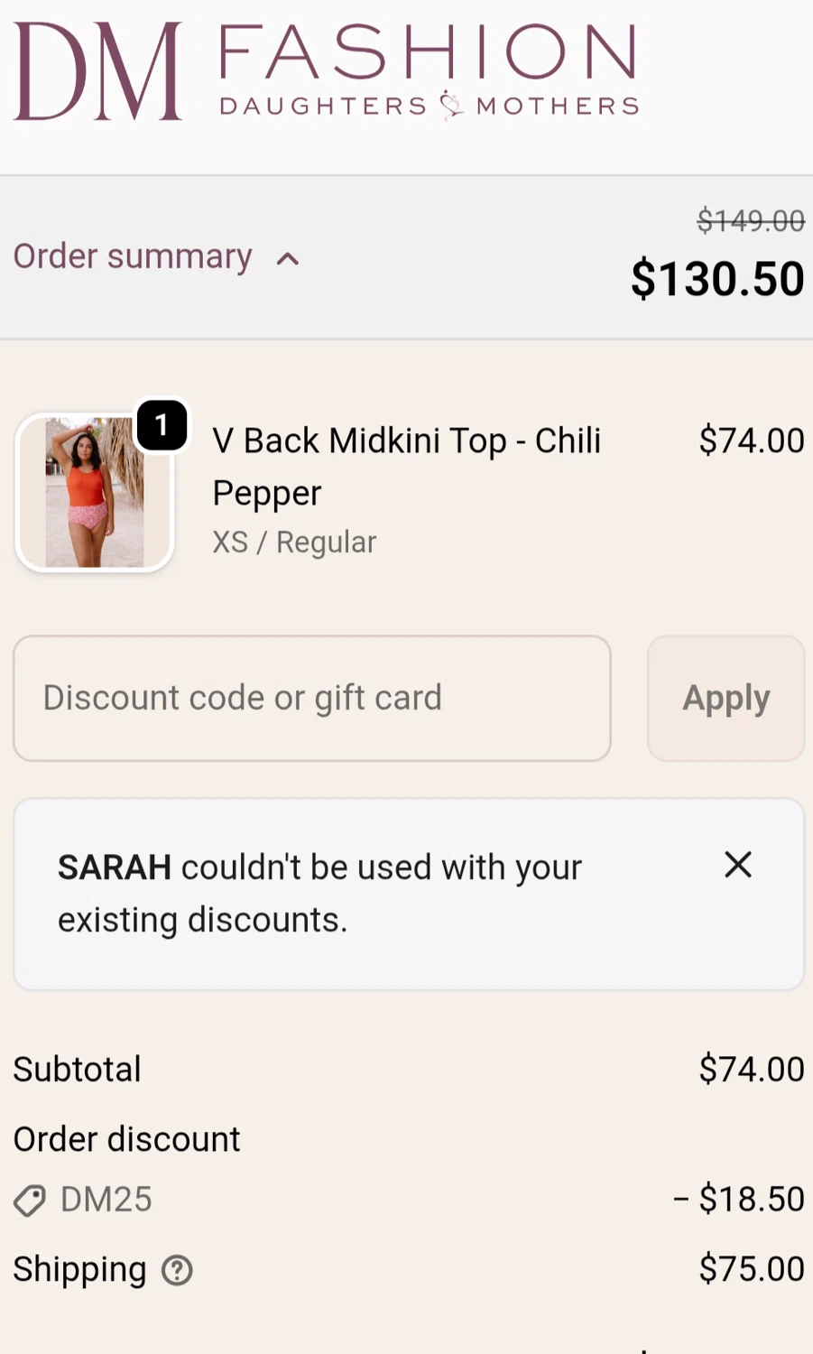 DM Fashion promo code screenshot showing code Sarah applied at DM Fashion checkout page. Uploaded by SimplyCodes community member chepipi on Dec 26, 2025