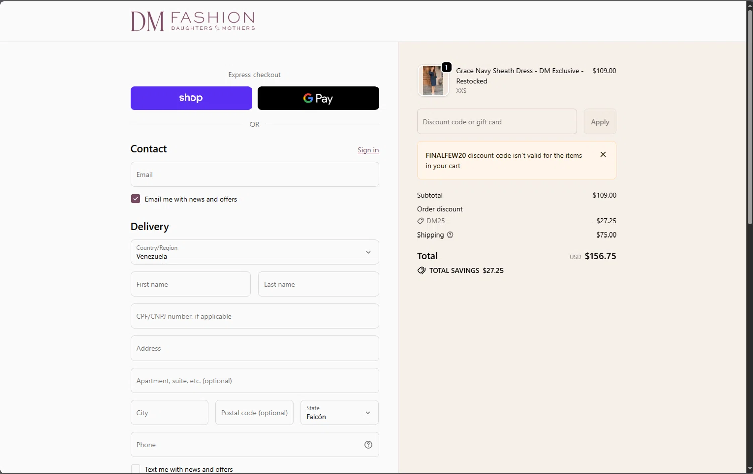 DM Fashion promo code screenshot showing code FINALFEW20 applied at DM Fashion checkout page. Uploaded by SimplyCodes community member jupitera on Dec 26, 2025