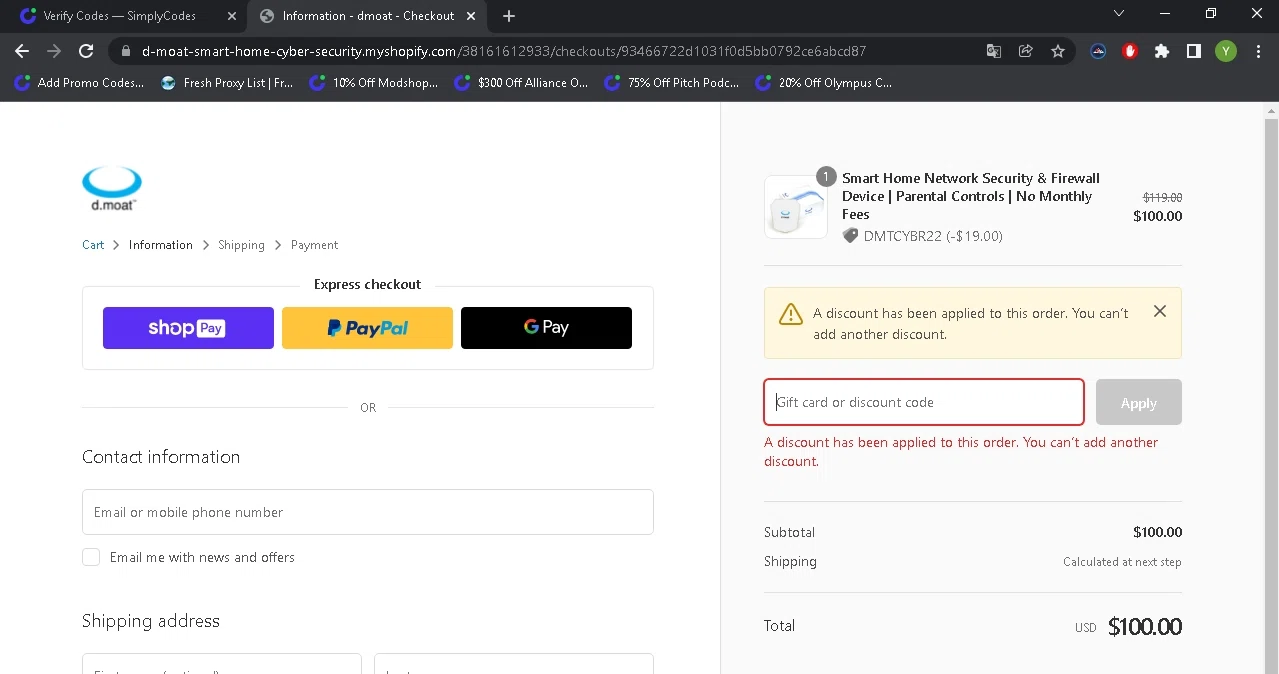 Cloaked Privacy checkout page showing Cloaked Privacy promo code box | Screenshot taken by SimplyCodes community member on Feb 24, 2022