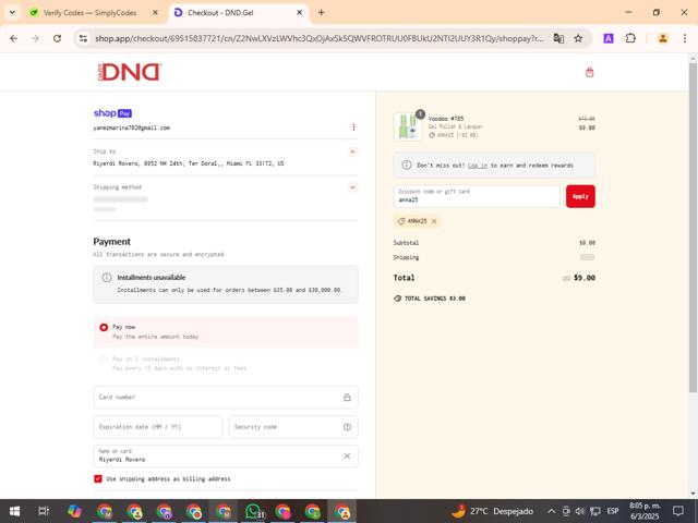 DND Gel checkout page showing DND Gel coupon code box | Screenshot taken by SimplyCodes community member on Mar 7, 2025