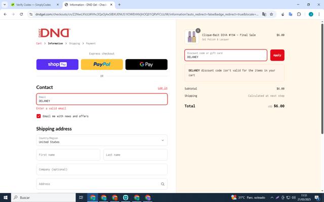 DND Gel checkout page showing DND Gel coupon code box | Screenshot taken by SimplyCodes community member on Mar 21, 2025