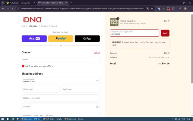 DND Gel checkout page showing DND Gel coupon code box | Screenshot taken by SimplyCodes community member on Mar 21, 2025