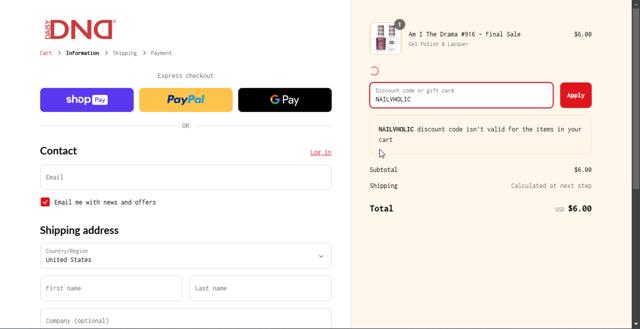 DND Gel checkout page showing DND Gel coupon code box | Screenshot taken by SimplyCodes community member on Mar 10, 2025