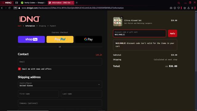 DND Gel checkout page showing DND Gel coupon code box | Screenshot taken by SimplyCodes community member on Mar 21, 2025