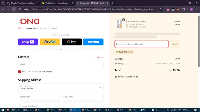 DND Gel checkout page showing DND Gel coupon code box | Screenshot taken by SimplyCodes community member on Mar 10, 2025