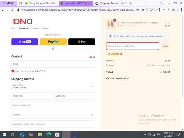 DND Gel checkout page showing DND Gel coupon code box | Screenshot taken by SimplyCodes community member on Mar 7, 2025