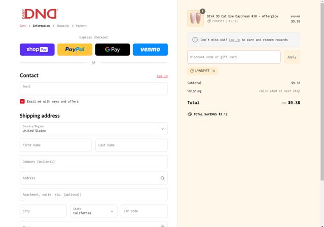 DND Gel checkout page showing DND Gel coupon code box | Screenshot taken by SimplyCodes community member on Mar 7, 2025