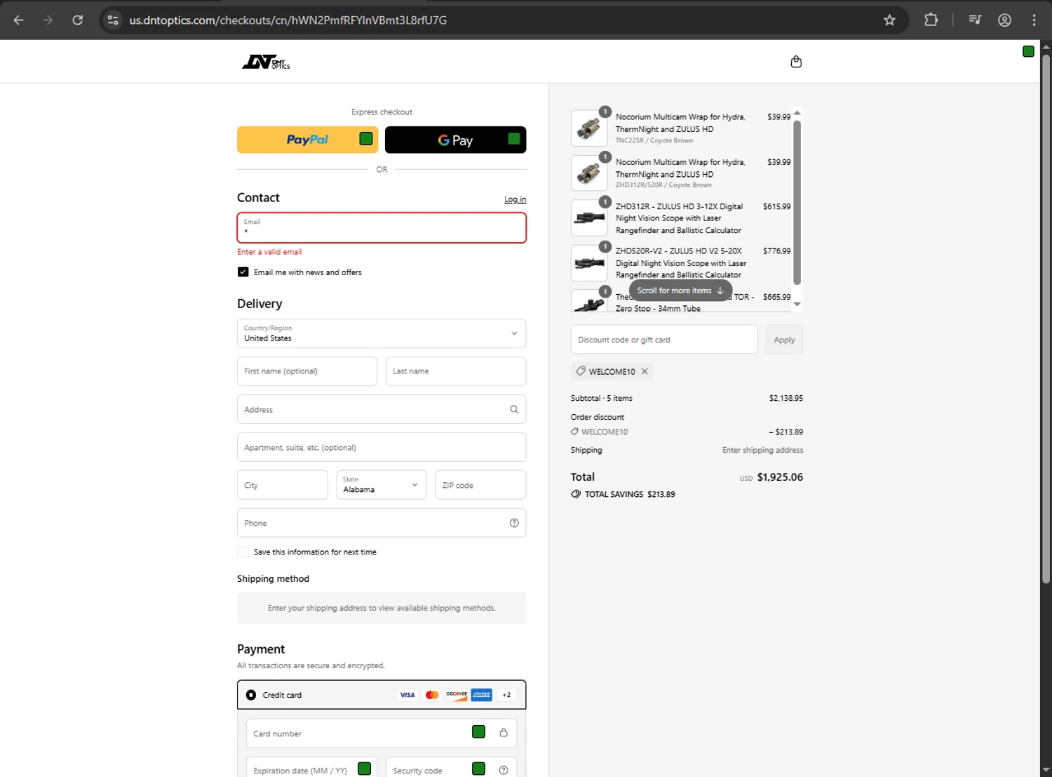 DNT Optics discount code screenshot showing code WELCOME10 applied at DNT Optics checkout page. Uploaded by SimplyCodes community member Aljondris97 on Aug 30, 2025