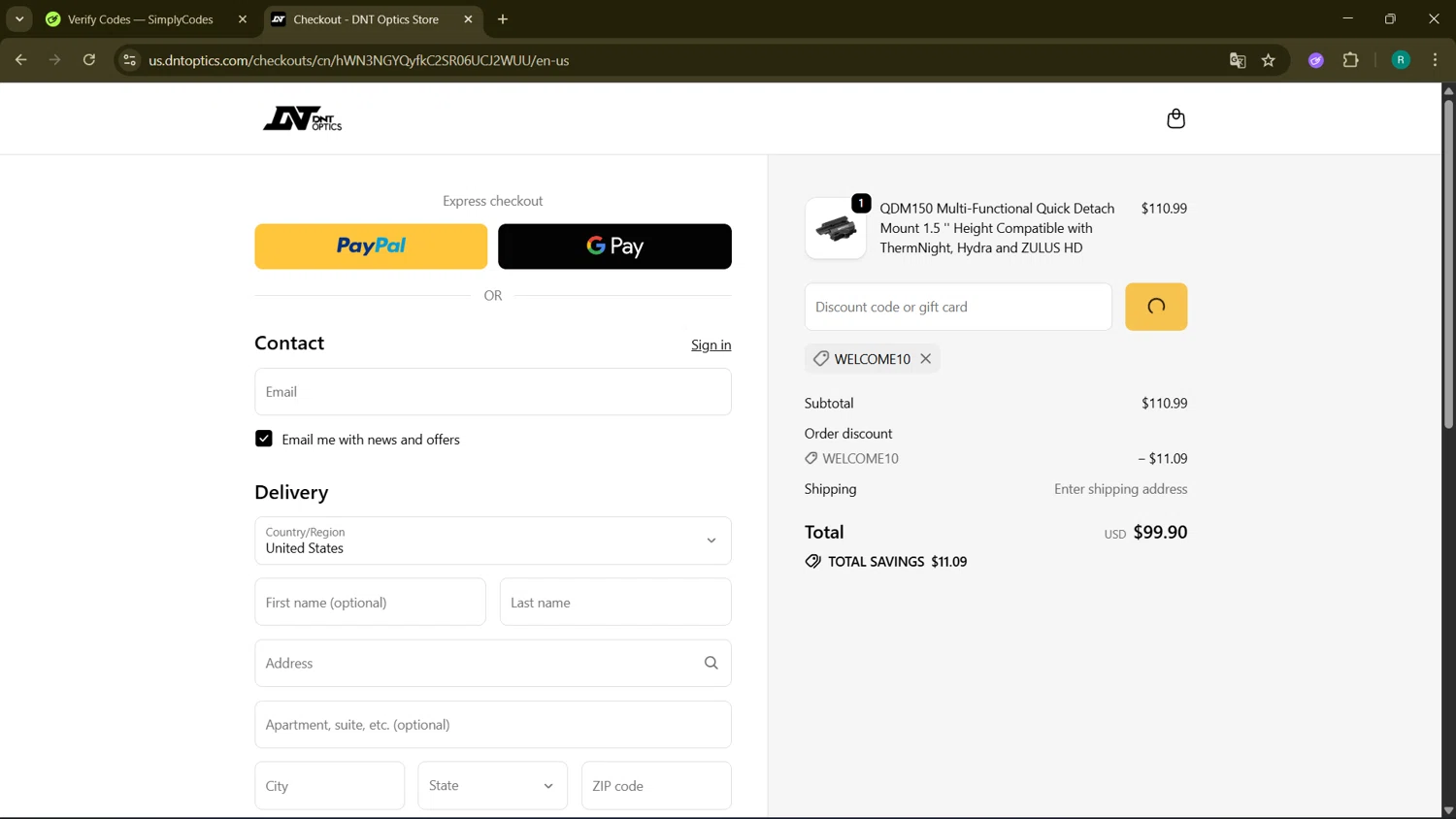 DNT Optics discount code screenshot showing code WELCOME10 applied at DNT Optics checkout page. Uploaded by SimplyCodes community member BargainMonarch6495 on Sep 25, 2025