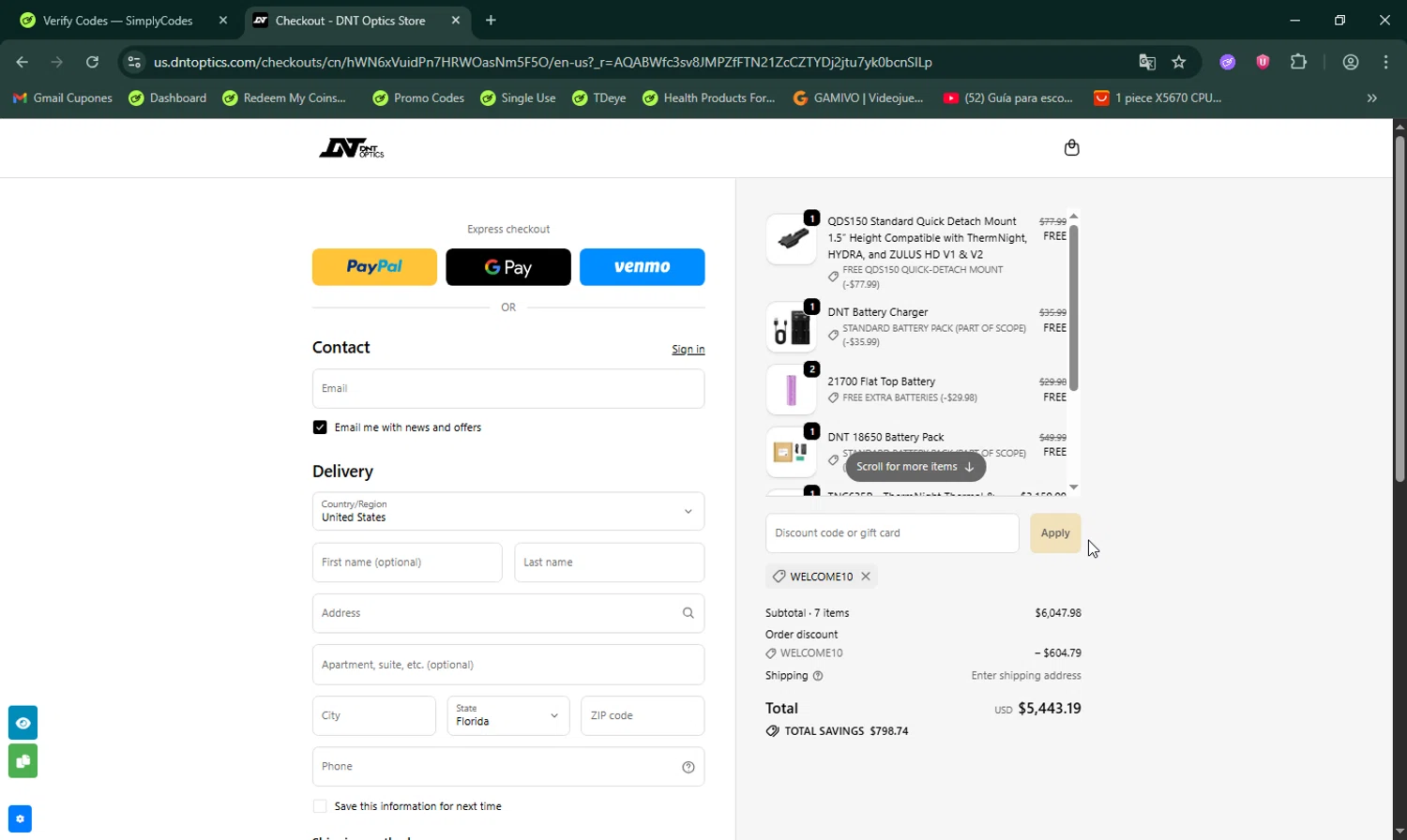 DNT Optics discount code screenshot showing code WELCOME10 applied at DNT Optics checkout page. Uploaded by SimplyCodes community member LHaunter on Dec 28, 2025