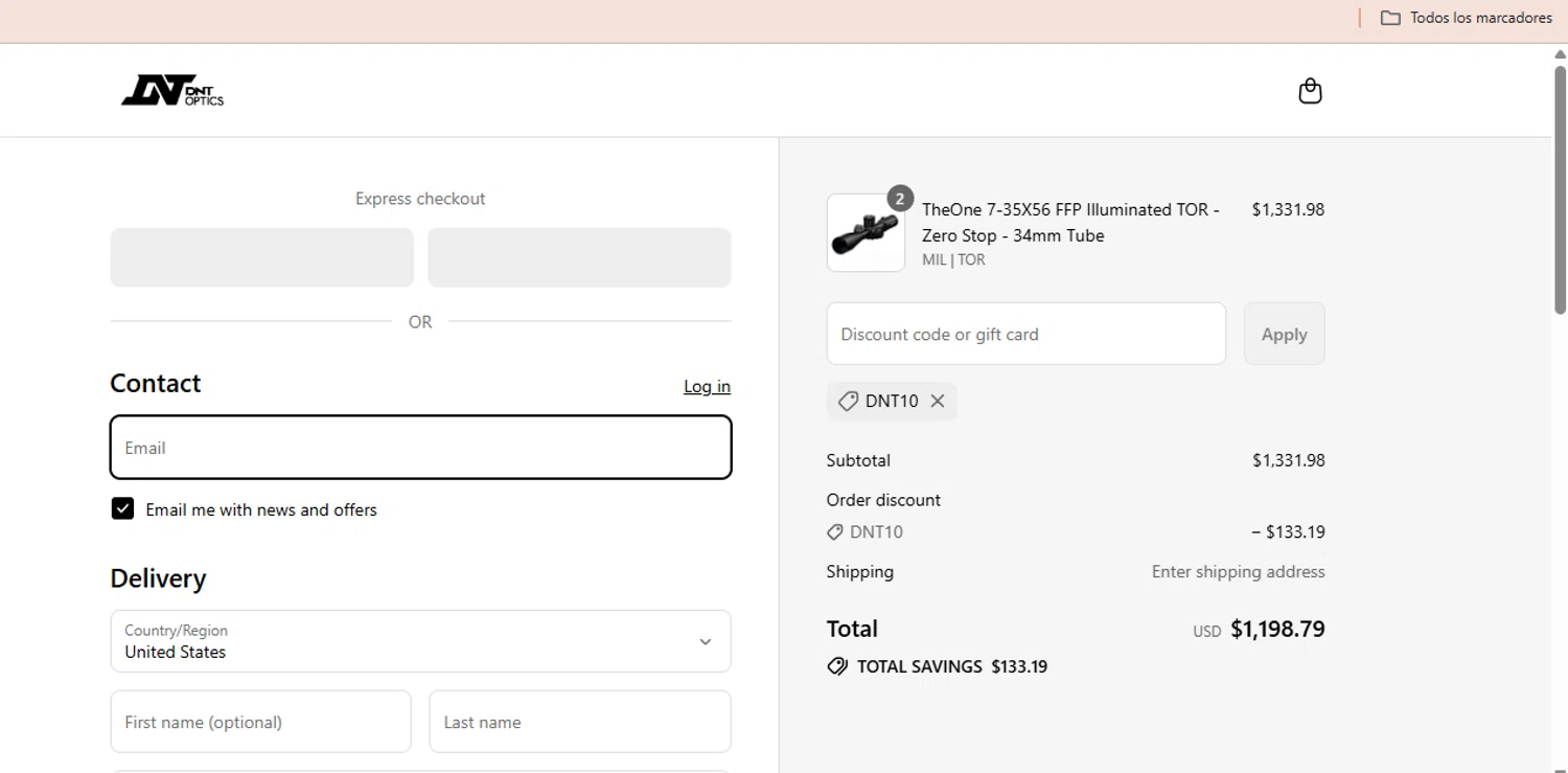 DNT Optics discount code screenshot showing code DNT10 applied at DNT Optics checkout page. Uploaded by SimplyCodes community member GoldLynx7797 on Jul 23, 2025