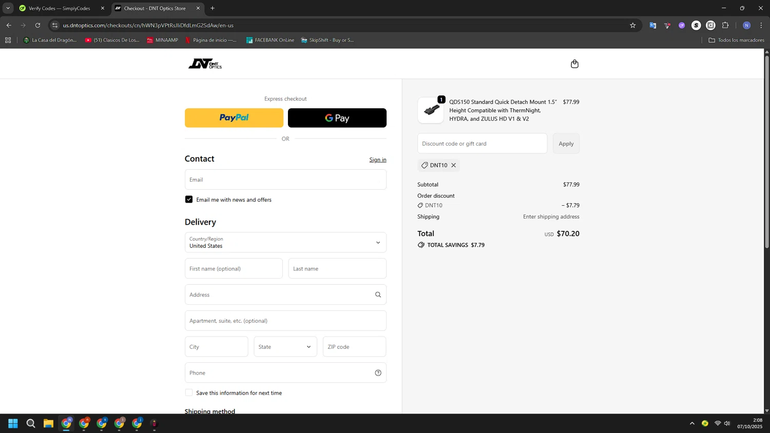 DNT Optics discount code screenshot showing code DNT10 applied at DNT Optics checkout page. Uploaded by SimplyCodes community member RoyalGuardian2978 on Oct 7, 2025