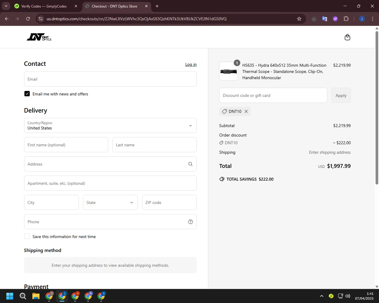 DNT Optics discount code screenshot showing code DNT10 applied at DNT Optics checkout page. Uploaded by SimplyCodes community member CashLegend3767 on Apr 7, 2025