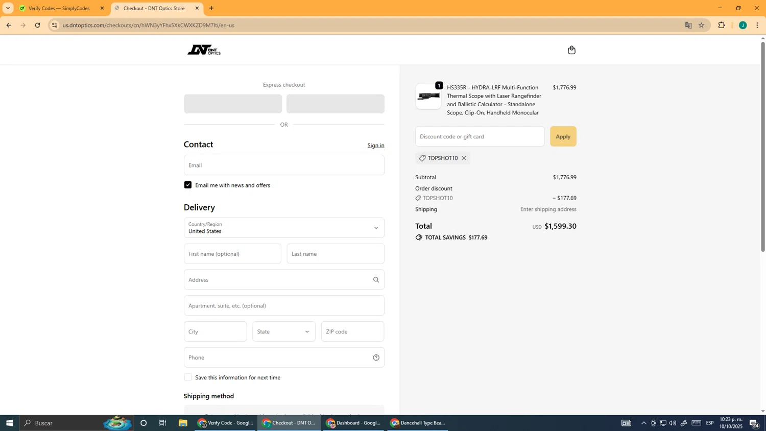 DNT Optics discount code screenshot showing code TOPSHOT10 applied at DNT Optics checkout page. Uploaded by SimplyCodes community member DealScout5970 on Oct 11, 2025