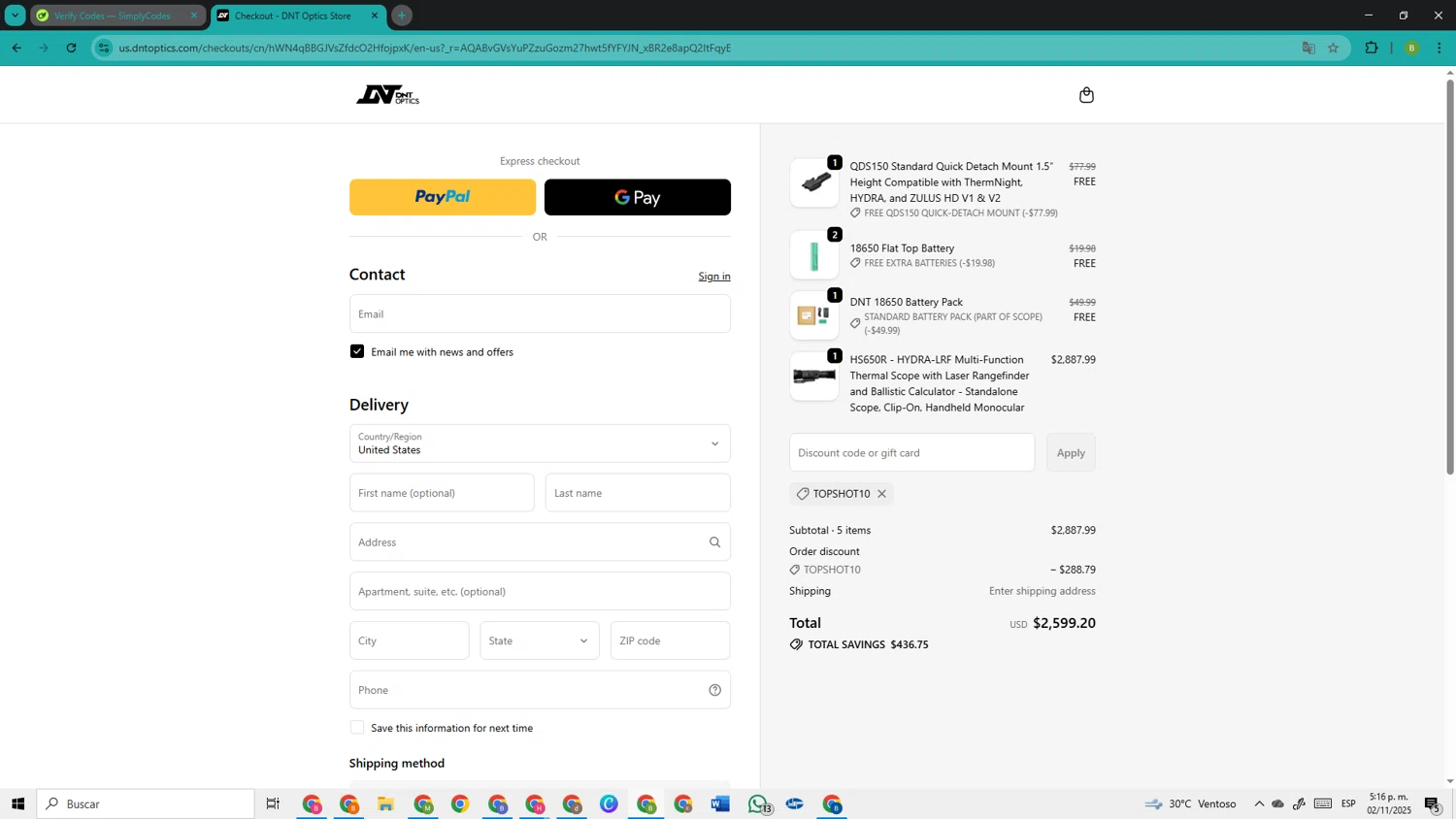 DNT Optics discount code screenshot showing code TOPSHOT10 applied at DNT Optics checkout page. Uploaded by SimplyCodes community member TokenOwl8222 on Nov 2, 2025