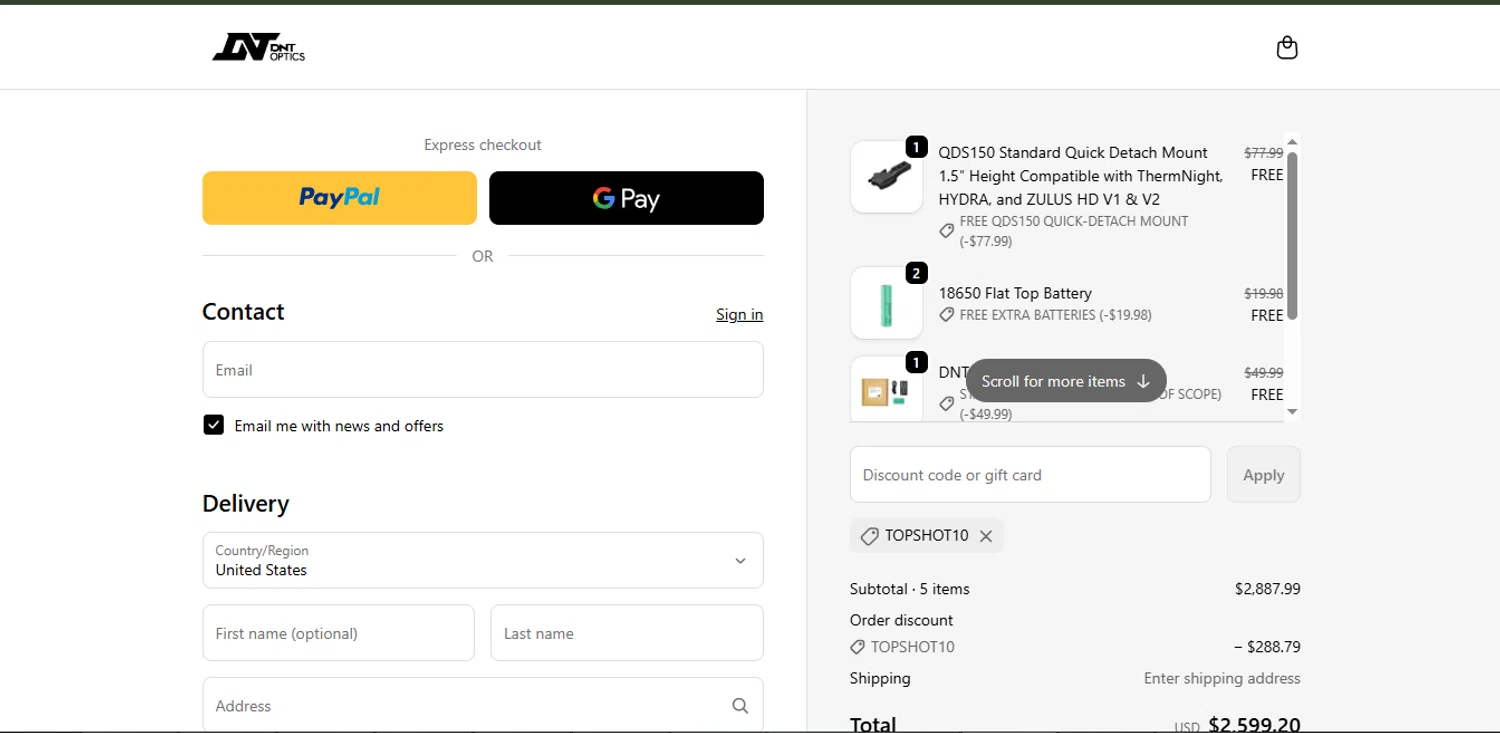 DNT Optics discount code screenshot showing code TOPSHOT10 applied at DNT Optics checkout page. Uploaded by SimplyCodes community member davisams on Nov 2, 2025
