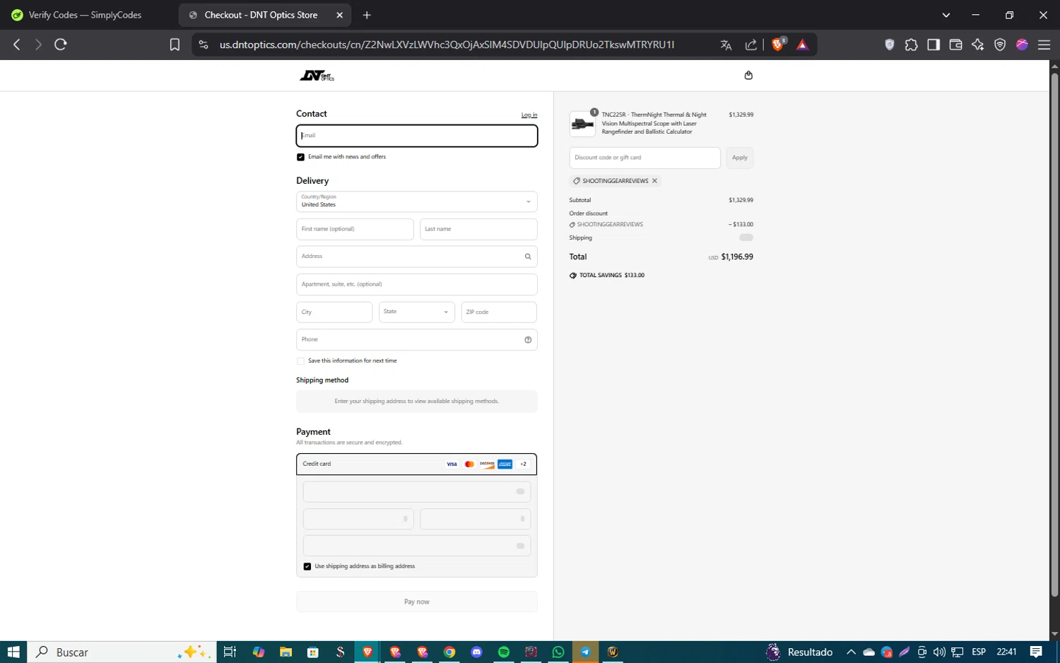 DNT Optics discount code screenshot showing code SHOOTINGGEARREVIEWS applied at DNT Optics checkout page. Uploaded by SimplyCodes community member SmartSaver5858 on Apr 20, 2025