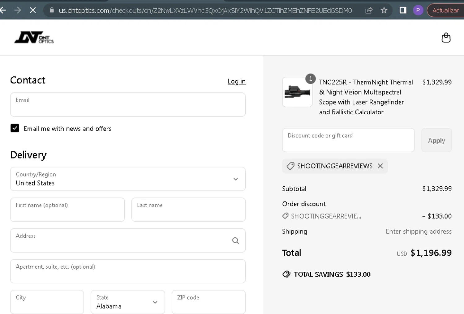 DNT Optics discount code screenshot showing code SHOOTINGGEARREVIEWS applied at DNT Optics checkout page. Uploaded by SimplyCodes community member ParisSmith on May 14, 2025