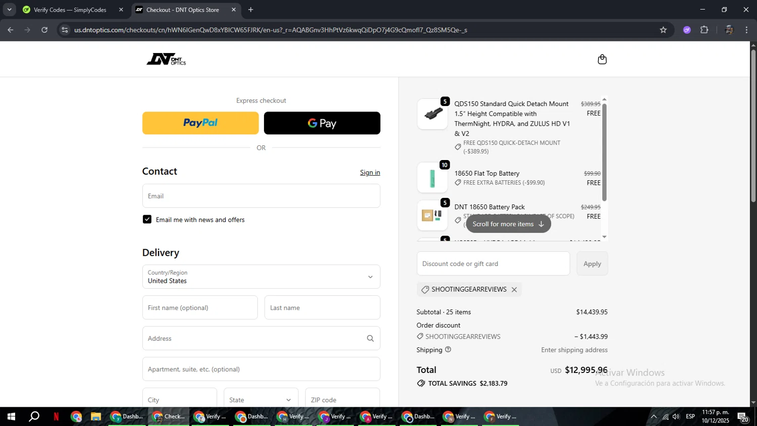 DNT Optics discount code screenshot showing code SHOOTINGGEARREVIEWS applied at DNT Optics checkout page. Uploaded by SimplyCodes community member xxdddd on Dec 11, 2025