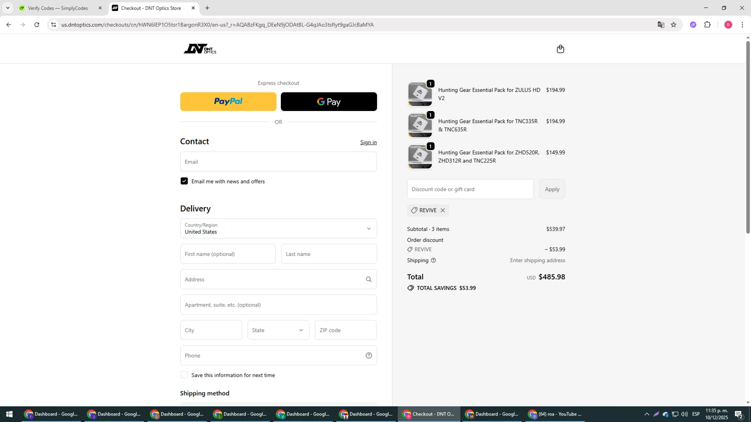 DNT Optics discount code screenshot showing code REVIVE applied at DNT Optics checkout page. Uploaded by SimplyCodes community member TTTT55 on Dec 11, 2025