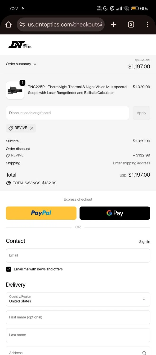 DNT Optics discount code screenshot showing code REVIVE applied at DNT Optics checkout page. Uploaded by SimplyCodes community member chinito on Oct 18, 2025