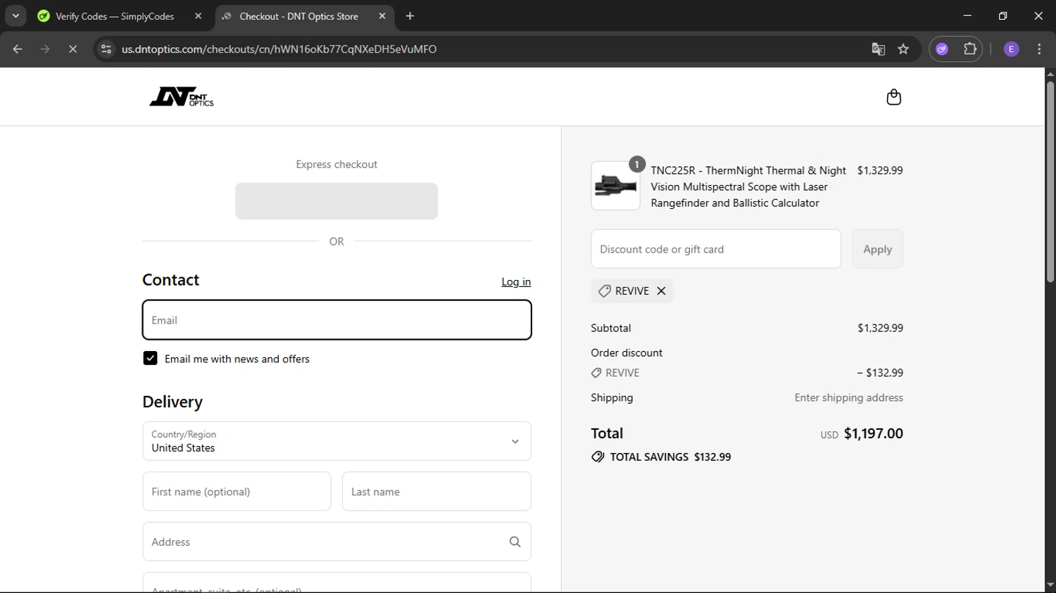 DNT Optics discount code screenshot showing code REVIVE applied at DNT Optics checkout page. Uploaded by SimplyCodes community member satoru on Jul 27, 2025