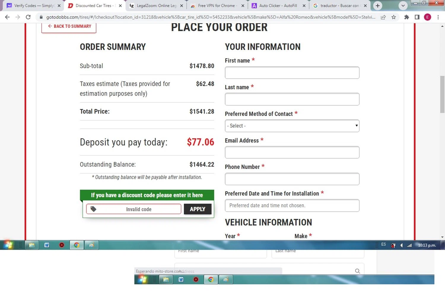 Dobbs Tire & Auto checkout page showing Dobbs Tire & Auto promo code box | Screenshot taken by SimplyCodes community member on Mar 28, 2024