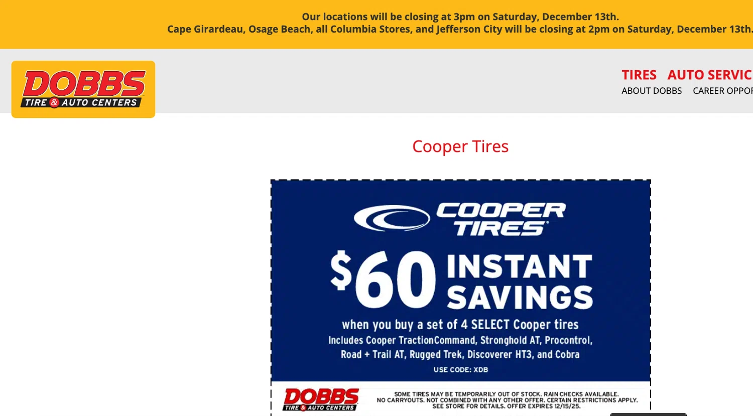 Dobbs Tire & Auto promo code screenshot showing code XDB applied at Dobbs Tire & Auto checkout page. Uploaded by SimplyCodes community member ELOIN777 on Dec 10, 2025