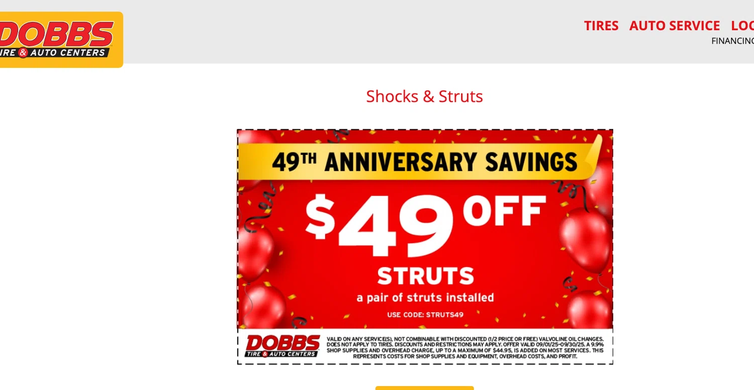 Dobbs Tire & Auto promo code screenshot showing code STRUTS49 applied at Dobbs Tire & Auto checkout page. Uploaded by SimplyCodes community member ELOIN777 on Sep 7, 2025