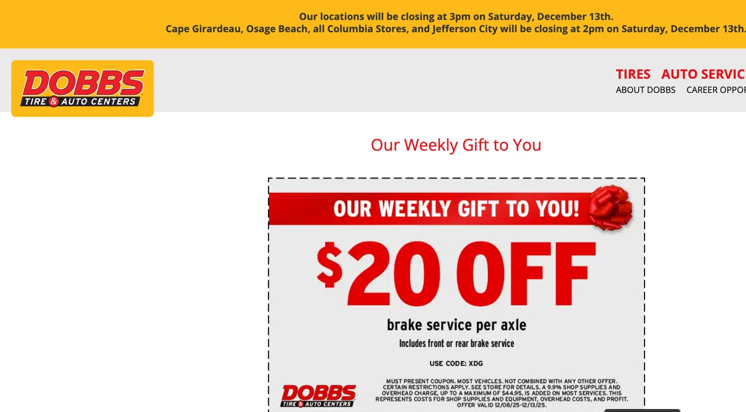 Dobbs Tire & Auto promo code screenshot showing code XDG applied at Dobbs Tire & Auto checkout page. Uploaded by SimplyCodes community member ELOIN777 on Dec 10, 2025