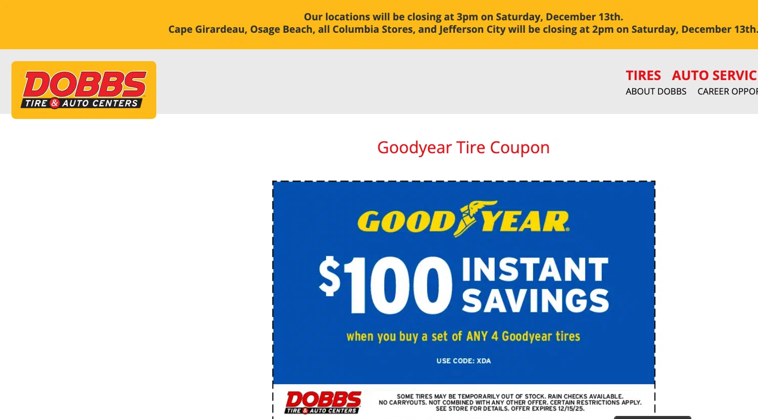 Dobbs Tire & Auto promo code screenshot showing code XDA applied at Dobbs Tire & Auto checkout page. Uploaded by SimplyCodes community member ELOIN777 on Dec 10, 2025