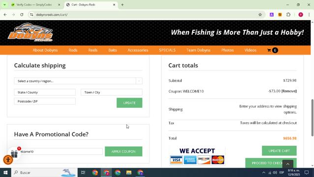 Dobyns Rods checkout page showing Dobyns Rods promo code box | Screenshot taken by SimplyCodes community member on Sep 12, 2025