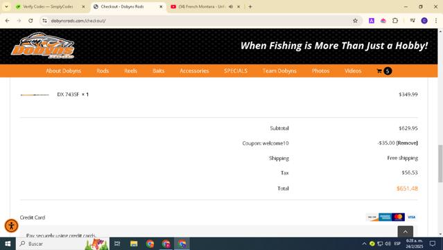 Dobyns Rods checkout page showing Dobyns Rods promo code box | Screenshot taken by SimplyCodes community member on Feb 24, 2025