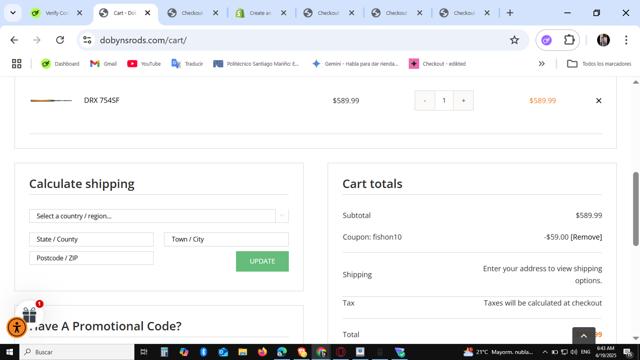 Dobyns Rods checkout page showing Dobyns Rods promo code box | Screenshot taken by SimplyCodes community member on Apr 19, 2025
