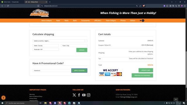 Dobyns Rods checkout page showing Dobyns Rods promo code box | Screenshot taken by SimplyCodes community member on Jun 16, 2025