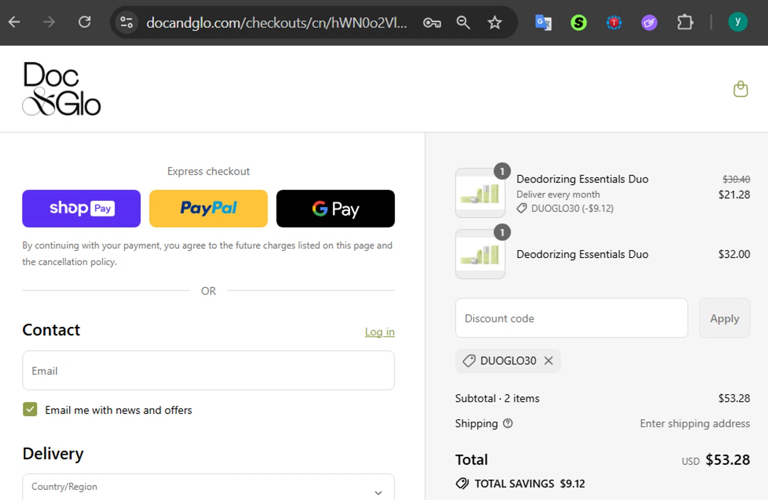 Doc & Glo promo code screenshot showing code DUOGLO30 applied at Doc & Glo checkout page. Uploaded by SimplyCodes community member 502312 on Jul 23, 2025